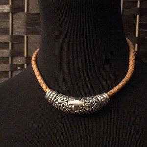 Unisex leather And Silver Tone Necklace with a large steel Pendant